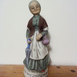 Vintage Nerleans Ceramic Old Women Shopping with bag, Umbrella Bisque Figurine